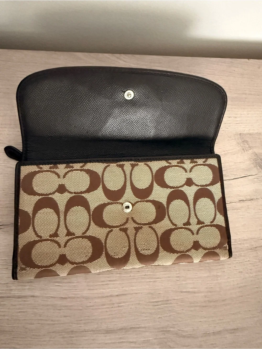 Coach Brown Signature Canvas Trifold Wallet with Leather Trim & Carriage Logo